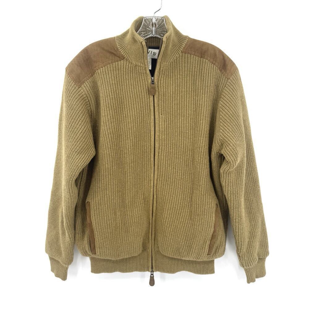 Orvis Full Zip Cardigan Medium Sweater Jacket Cotton Tan Brown Faux Suede Y2K